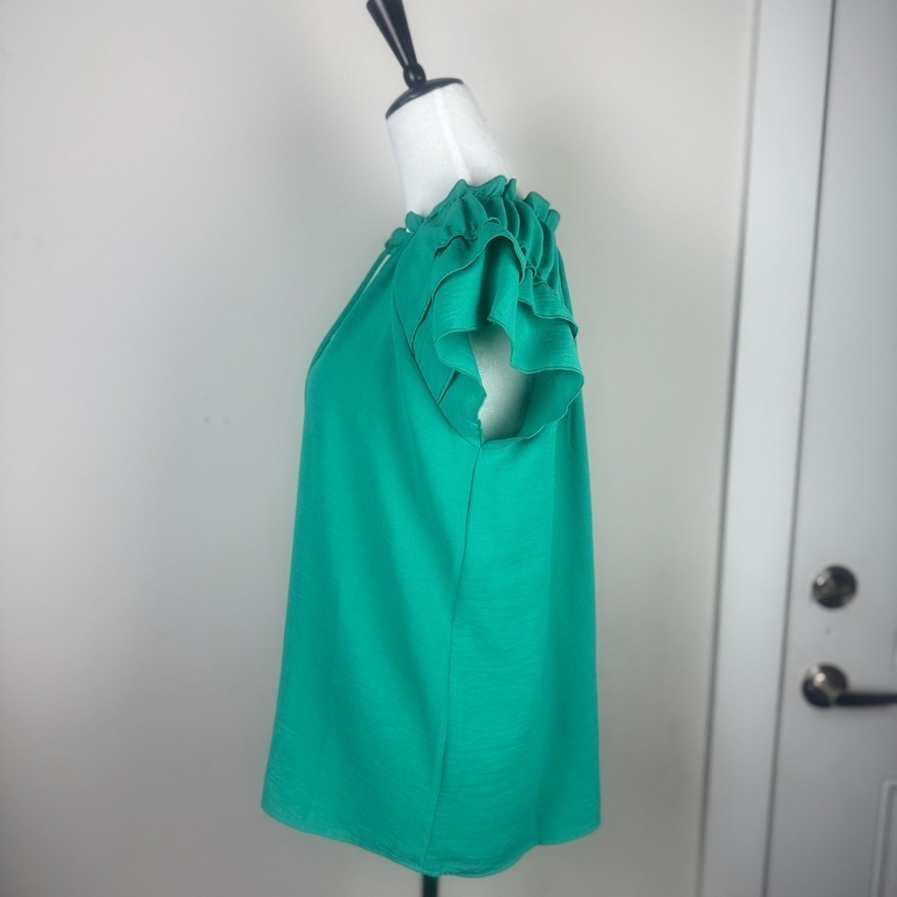NY Collection Women’s Green Flutter Sleeve Blouse with Tie Front Size M - Picture 4 of 10